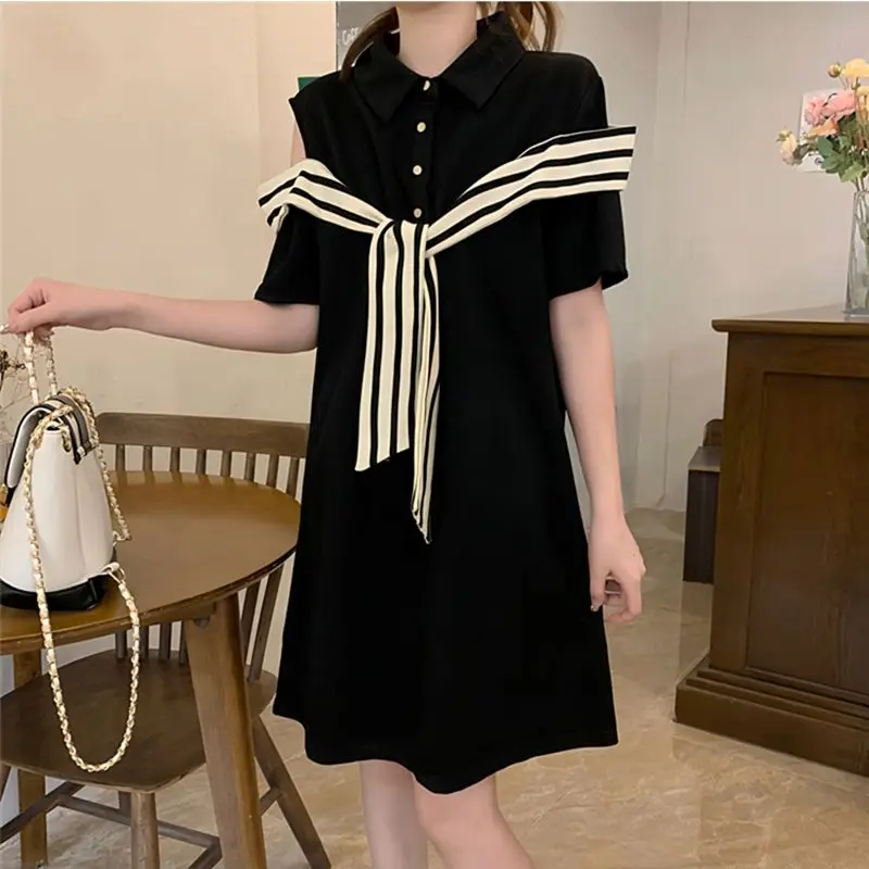 Off Shoulder Striped Polo Neck Mini Dress Summer Short Sleeve Loose Patchwork Solid T Shirt Dress Casual Fashion Women Clothing