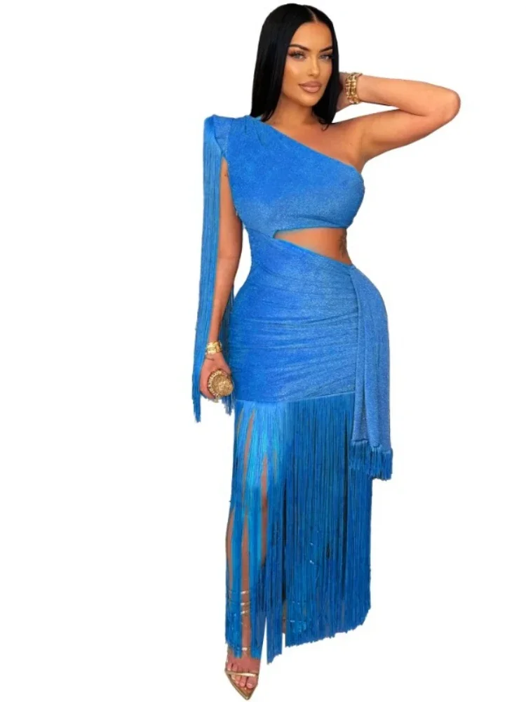

Women One Shoulder Tassel Sleeveless Long Dress Diagonal Collar Summer Street Evening Sexy Night Party Dresses Vestidos