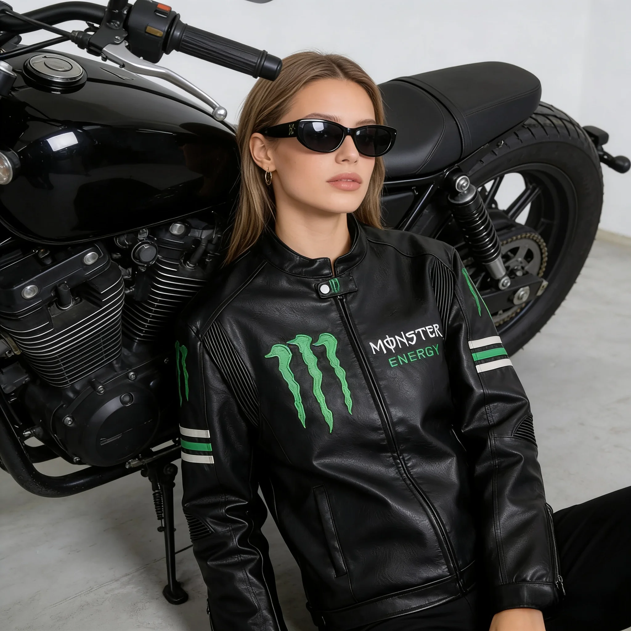 

2025Monster Energy Baseball Uniform Embroidered PU Leather Pilot Jacket with Cotton Lining for Men and Women's Motorcycle Jacket