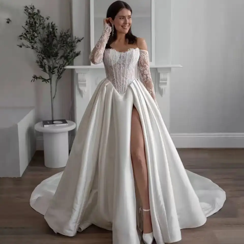 Lakshmigown Sweetheart Classic Wedding Dress Lace High Split Bride Desses V Waistline A Line Zipper Gowns Vestidos  Customized