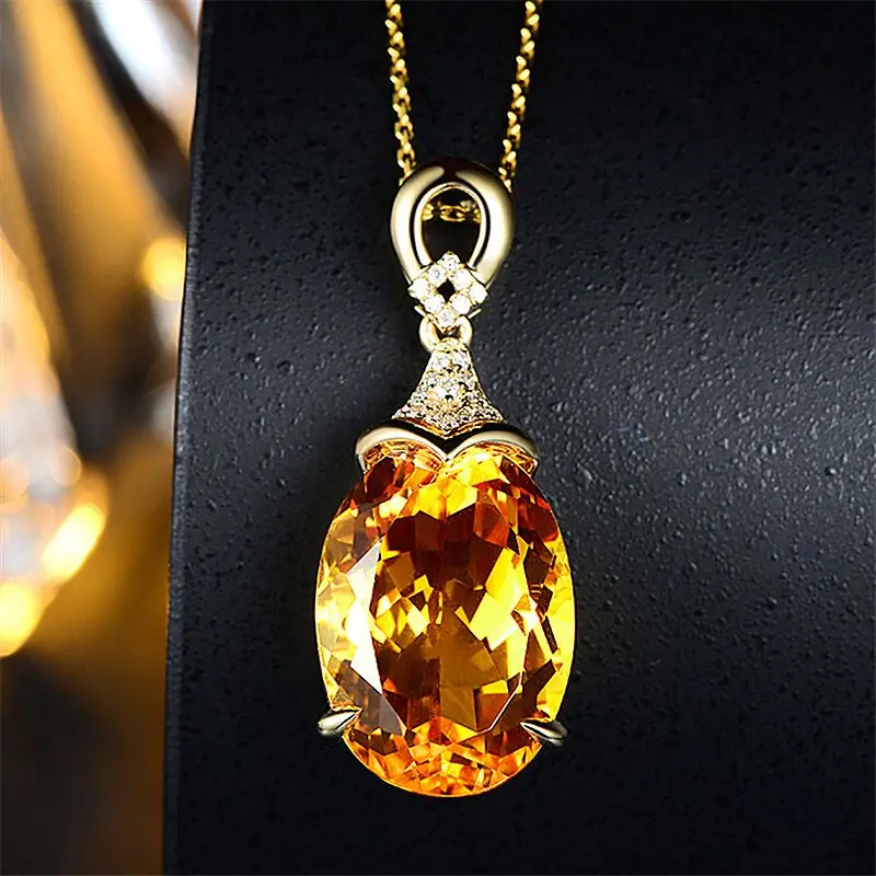 New Luxury Mermaid 18K Gold Citrine Gemstone Pendant Necklace For Women Fashion Jewelry Christmas Gift