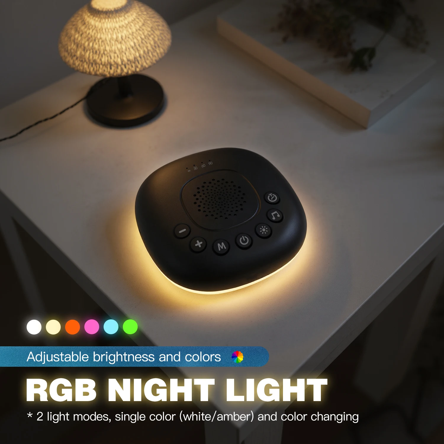 Máquina portátil de ruído branco com 20 sons RGB luz noturna ajuda para dormir para bebês/crianças/adultos temporizador bateria recarregável viagem