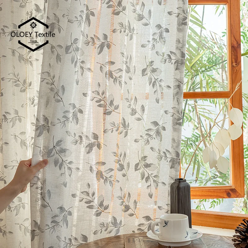

Hollow Semi-blackout Cotton and Linen Fashion Modern Sheer Curtains for Living Dining Room Bedroom Custom Size White Tulle