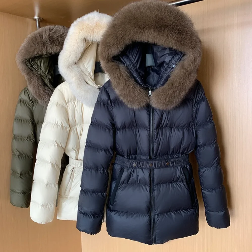 Fashion Down Jacket New Winter Warm High Quality Light Luxury Women Hooded Real Fox Fur Collar Slim Waistband Fur Puffer Coat