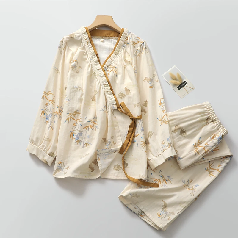 

Летний женский кардиган Hanfu, топ + брюки, японское традиционное кимоно юката, удобная хлопковая домашняя одежда с принтом, одежда D0104