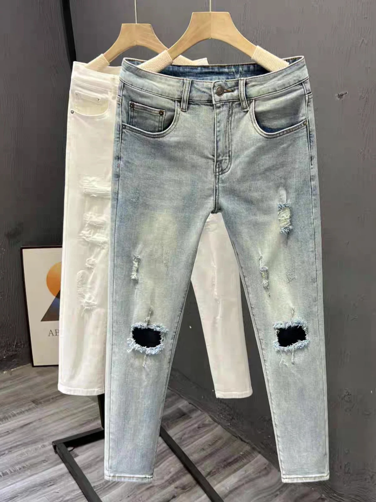 

Men's Slim Fit Jeans Spring Summer New Sle Trendy Versatile Ripped Nine Point American Retro Youth Casual Long Pants