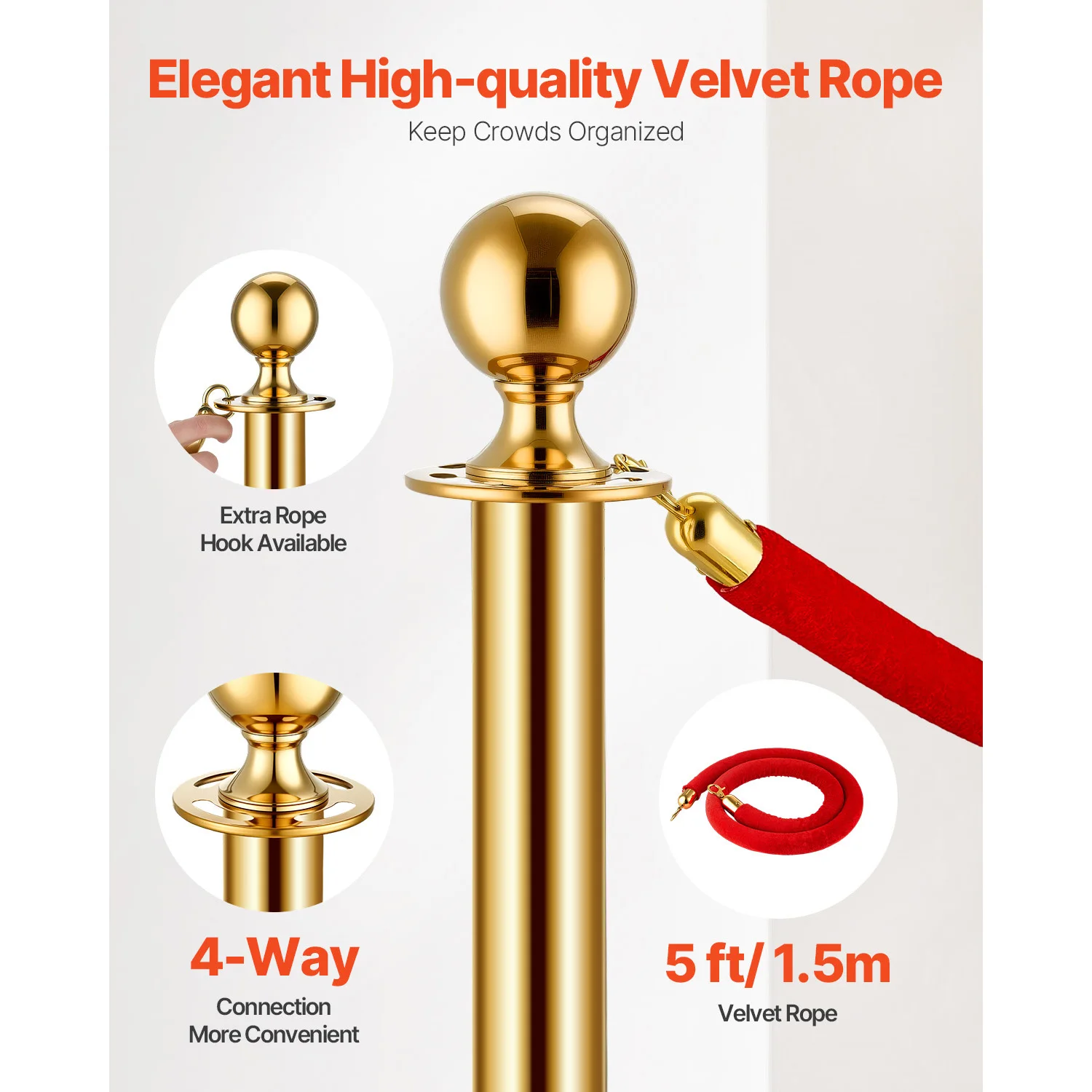 VEVOR Stanchions 4/6/8 قطعة عمود من الفولاذ المقاوم للصدأ مع قاعدة قابلة للتعبئة حبال وأعمدة مخملية حمراء لحواجز التحكم في الحشود