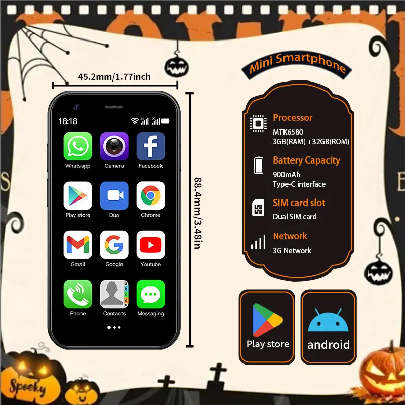 هاتف ذكي Mini24 صغير مقاس 3 بوصات يعمل بنظام Android 8.1، 3+32 جيجابايت، ثنائي الشريحة، وضع الاستعداد المزدوج، مدمج ومحمول، متعدد الألوان
