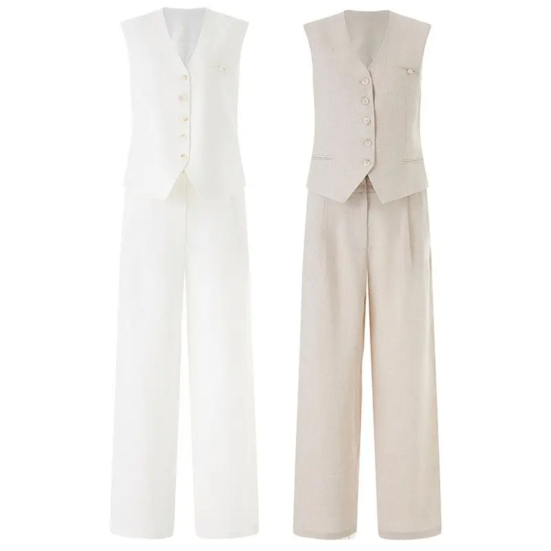 Elegant Fashionable Sleeveless Vest Wide Leg Pants Two Piece Set Casual Wear Comfortable Lightweight Women's Outfit