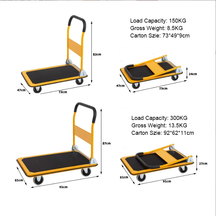 High Load Capacity 150KG/300KG Foldable Hand Trolley Cart Loading Thickened Platform Push Trolley Folding Cart