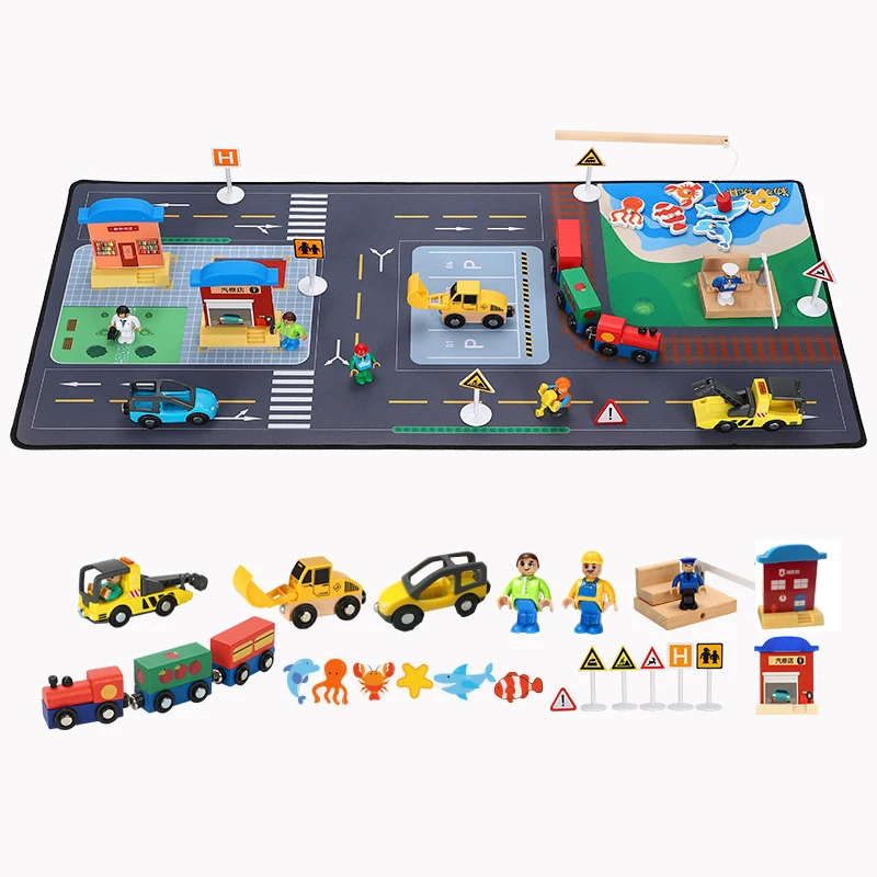 Children's Toy Car Traffic Field Road Track Parking DIY Wooden Train Track Set Toys Road Accessories Gift PD96