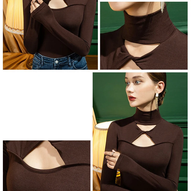 MadBlack European Clothing Tshirt Women Sexy Turtleneck Hollow Out Slim Modal Tops Long Sleeve Tee Autumn Winter T37020JC