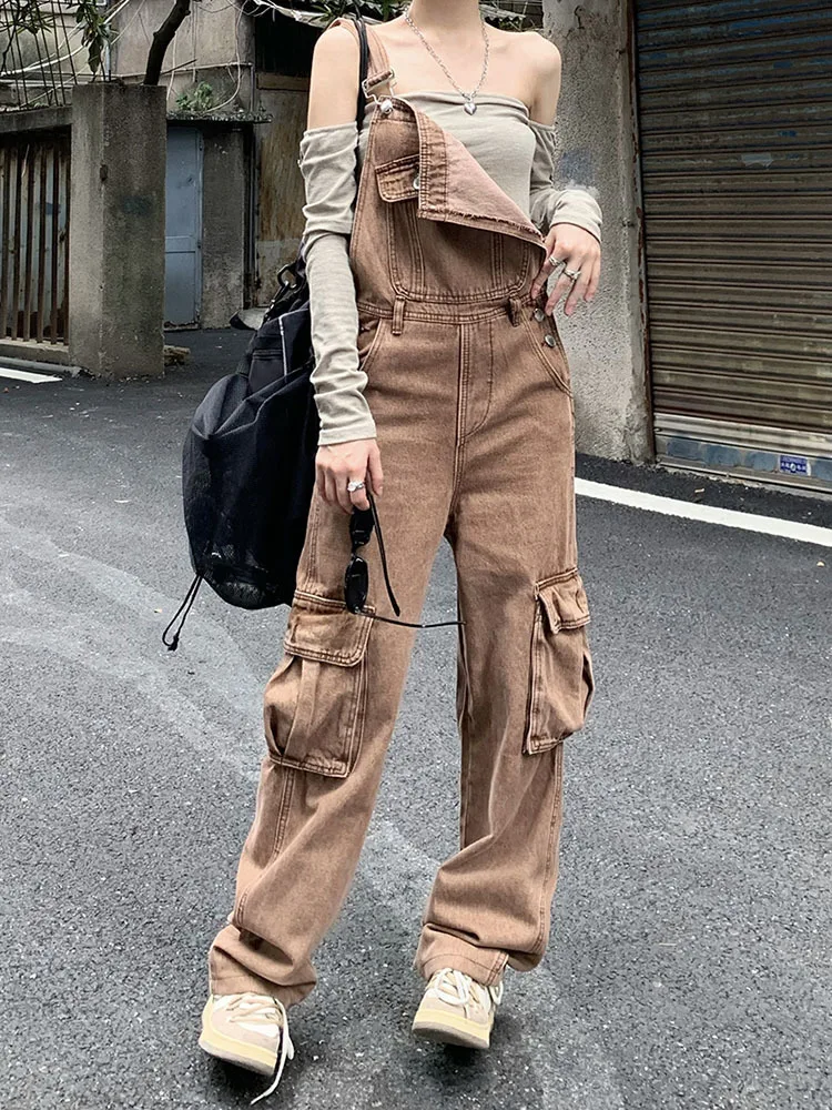 2022 denim overalls women's design sense American retro street tooling straight pants wide leg mopping Jeans pants