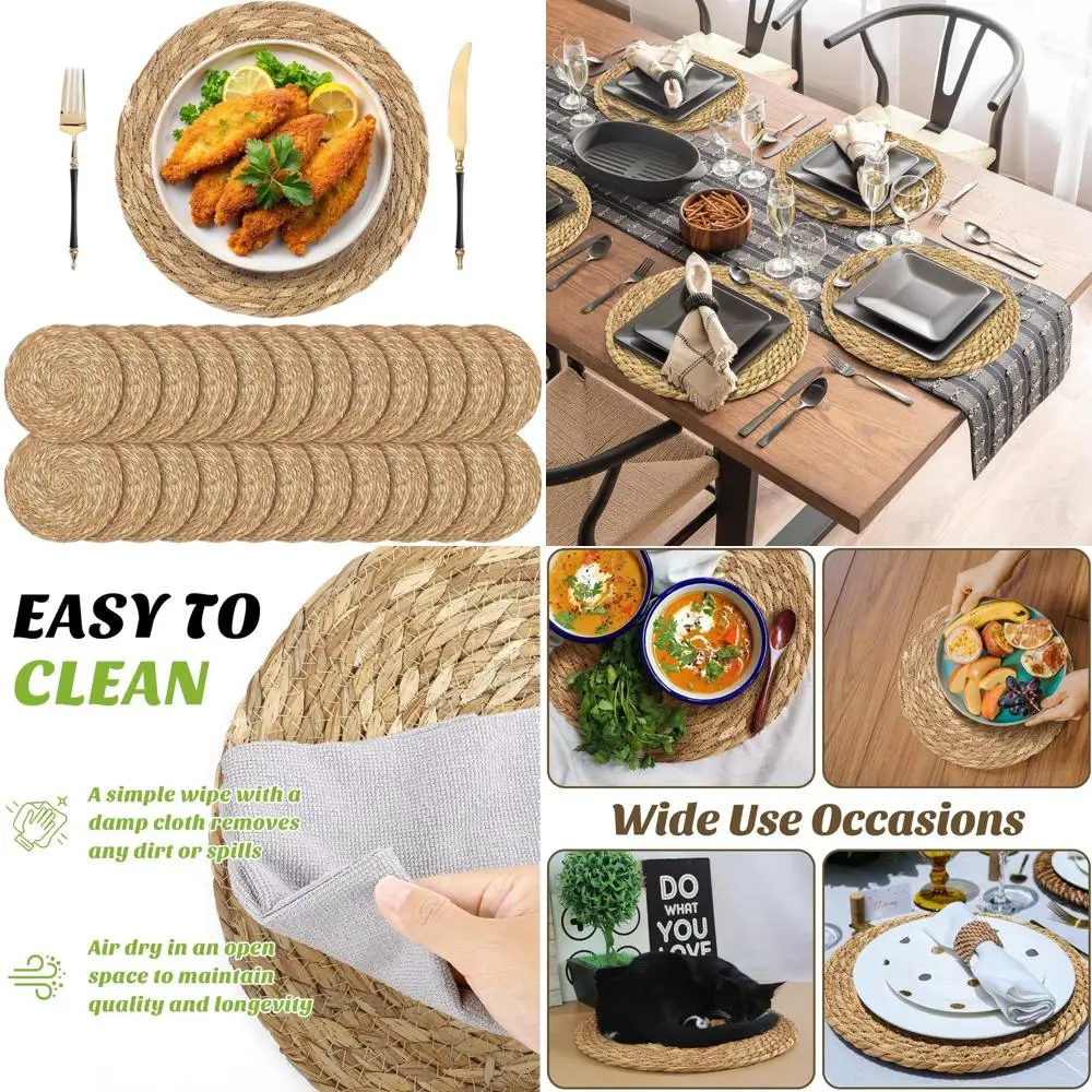 

24-Pack 13.8 Natural Bulrush Woven Placemats, Boho Rattan Table Mats for Home Dining