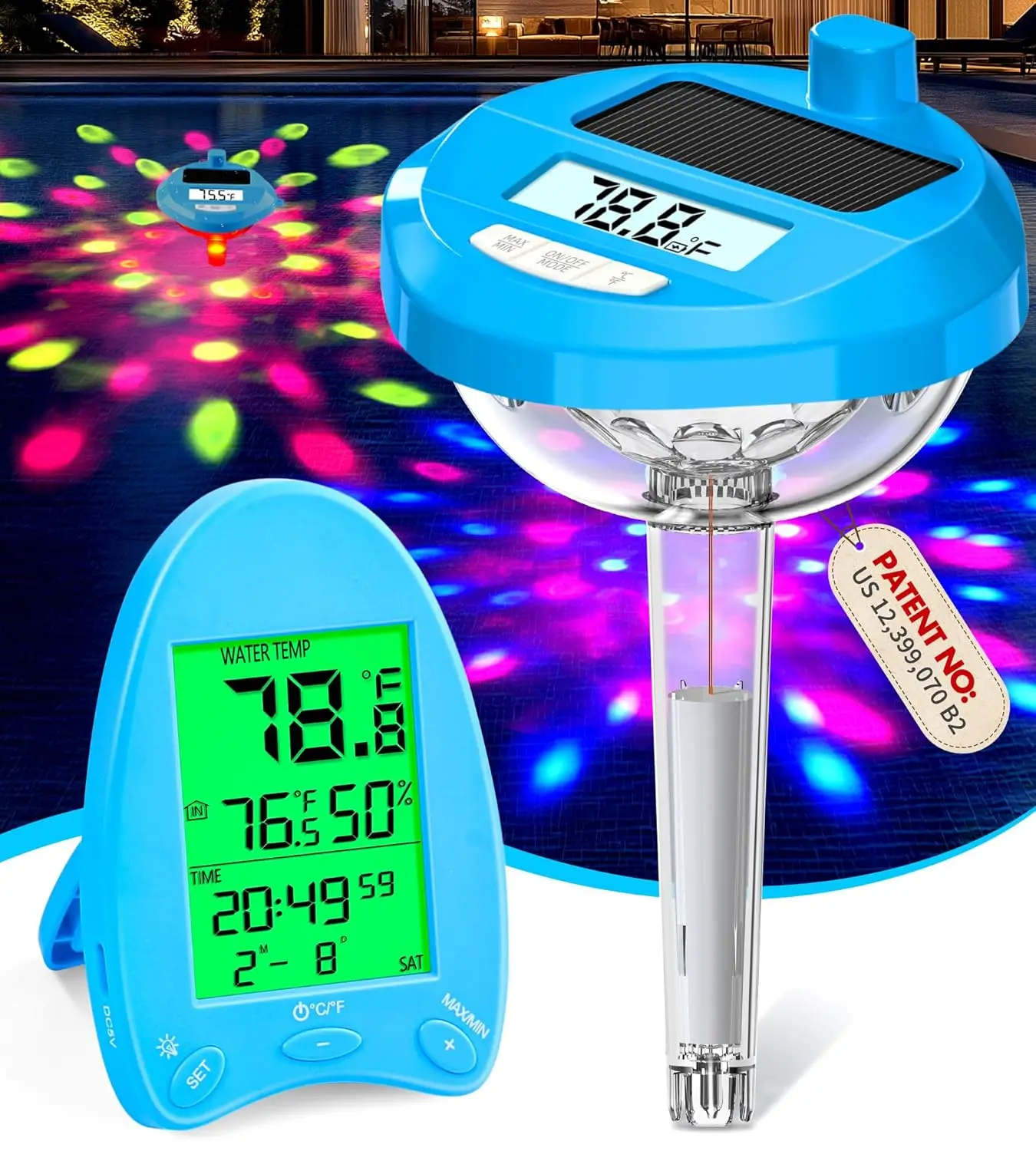 Wireless Solar Pool Thermometer with Light Show & Backlit Display for Night Reading