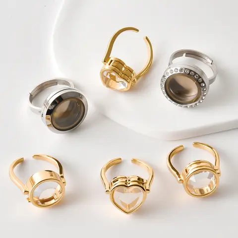 1Pc Punk Openable Round Memorial Cremation Ashes Medallion Open Ring Glass Heart Floating Locket Women Party Anillos Jewelry