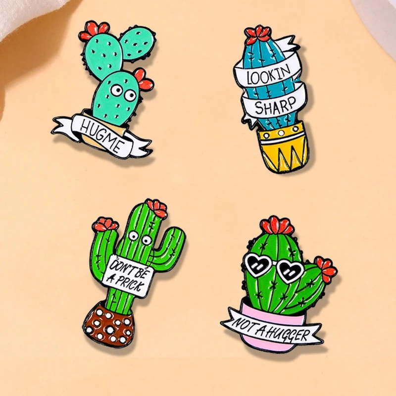 Cute Cartoon English Cactus Shape Brooch Fashion Casual Versatile Metal Pin Badge For DIY Clothing Bags Hat T-shirt Decoration