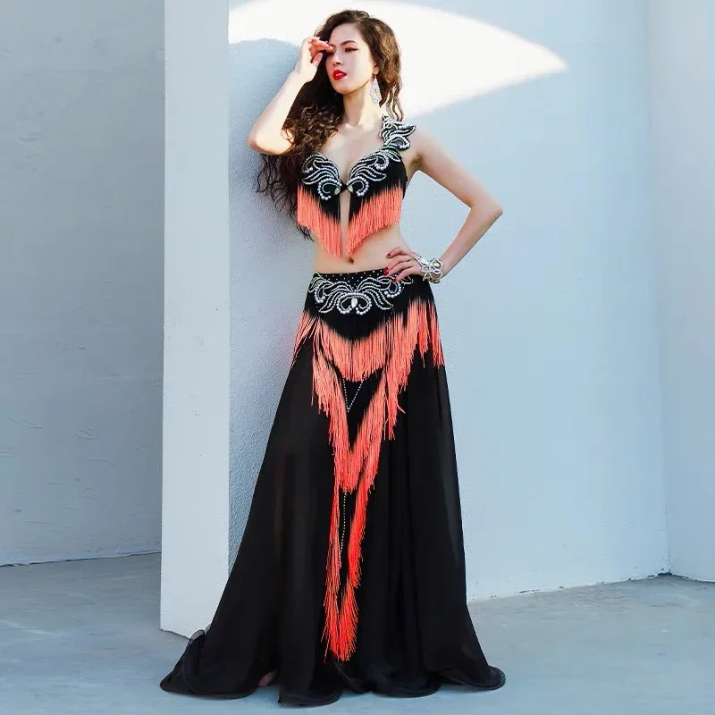 

Women Oriental Dancewear Competition Clothing Belly Dance Set Diamond-Studded Tassel Bra Long Skirt Performance Clothes Suit