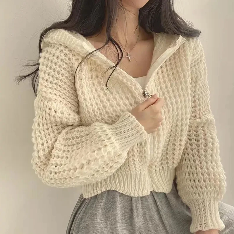 Hollow Out Cardigan Cropped Top Women Korean Hooded Spring Fall Long Sleeve Chic Solid Sweatshirt Slim Lazy Pretty Style Jacket