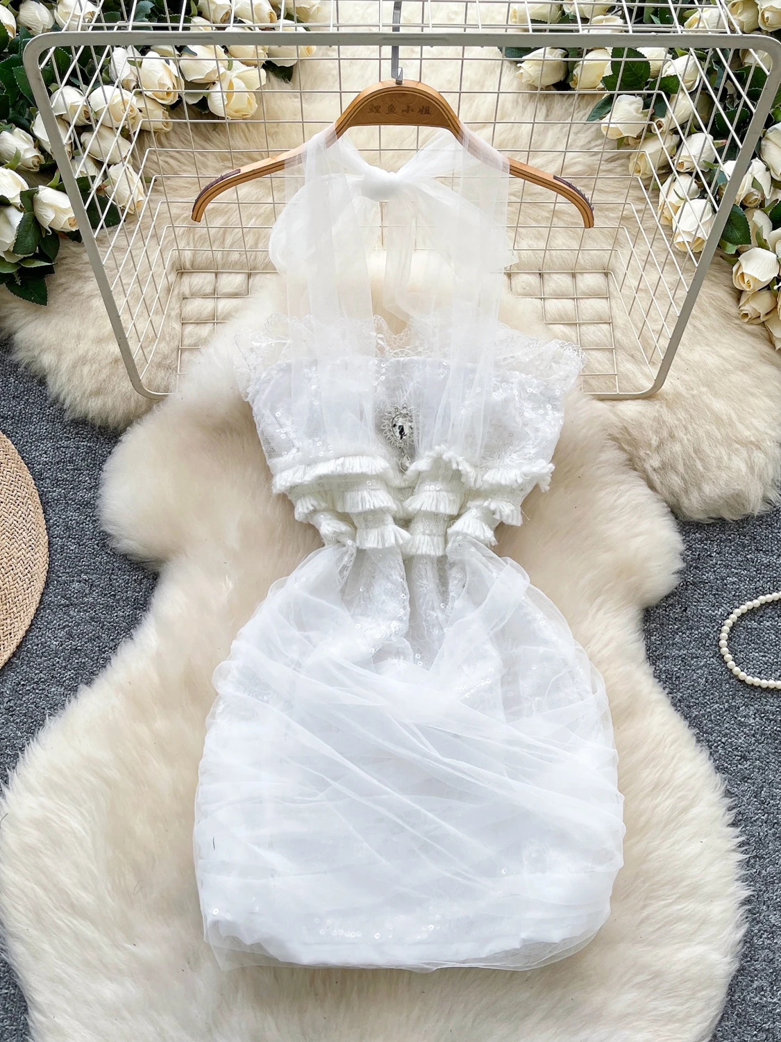 

Sexy Sparkling Me Ne Hanging Strap Sequin Dr Women's Waist Cinching ort Skirt High Waist Polyester Fiber Summer Dr