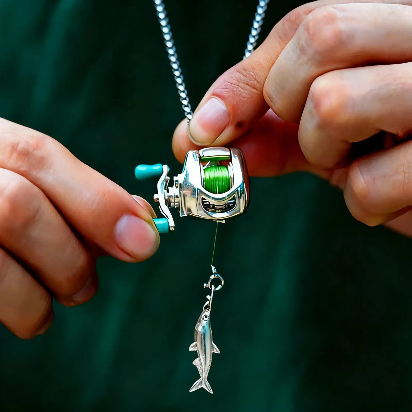 

Men Women Mini Fishing Reel Jewelry Set Line Wheel practical Necklace Fashion Movable wire loop Sporty Outdoor Gift for Anglers