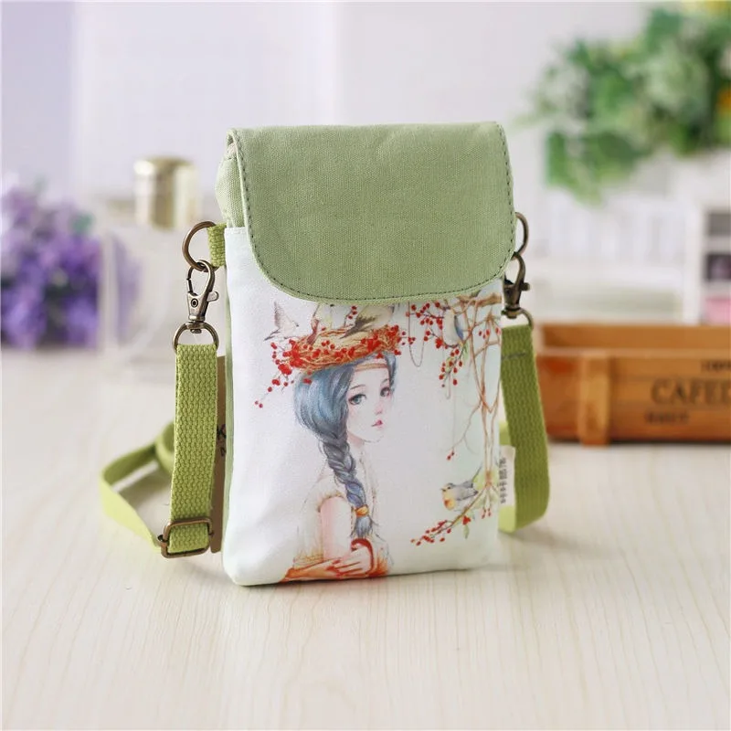 

2025 New Color-printed Fresh Painting Korean-style Women's Bag Canvas Print Hand-held Crossbody Mobile Phone Bags Little fresh