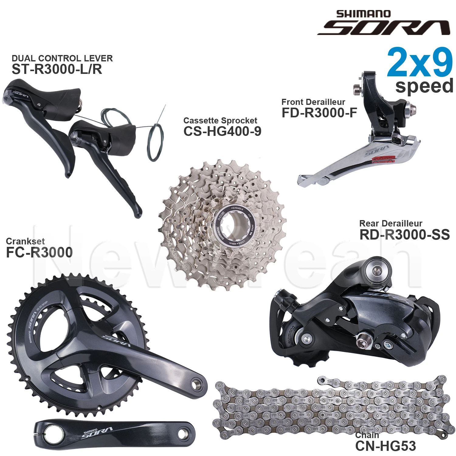 SHIMANO SORA R3000 2x9 Speed Groupset with ST-R3000 FD-R3000 RD-R3000 CS-HG400-9 Cassette Sprocket Chain FC-R3000 Original