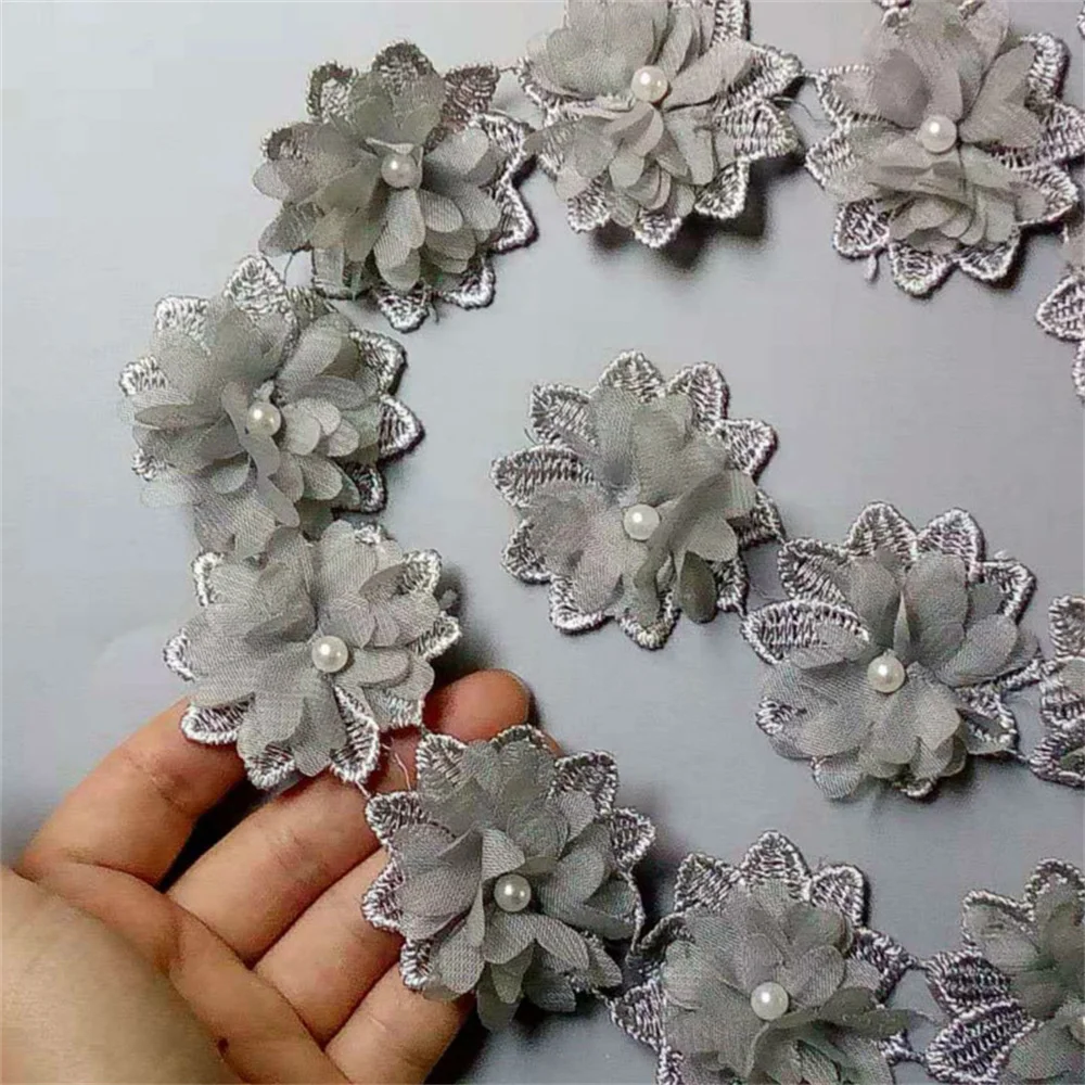 2 yard Gray Soluble Chiffon Pearl Flowers Embroidered Lace Trim Ribbon Fabric Sewing Craft For Costume Wedding Dress Decoration