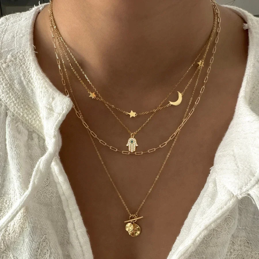 Fashion Boho Gold Color Design Multilayer Chain For Women Vintage Devil Eye Crystal Pendant Necklaces Sets Handmade Jewelry Gift