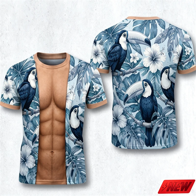 Men Funny Fake Muscle Abs T Shirt 3D Print Tropical Palm Leaf Floral Short Sleeve Tee Summer Vacation Party Novelty Casual Top