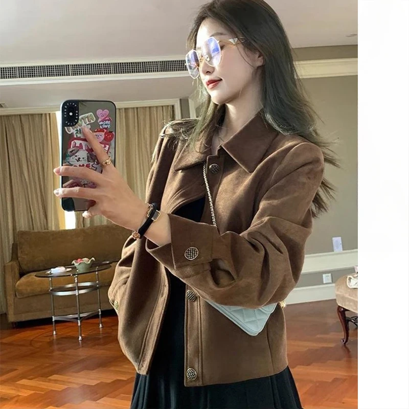 2024 New Herringbone Pattern Brown Women's Woolen Suit Jacket Autumn and Winter Thickened Loose Retro High-end Short Coat Top