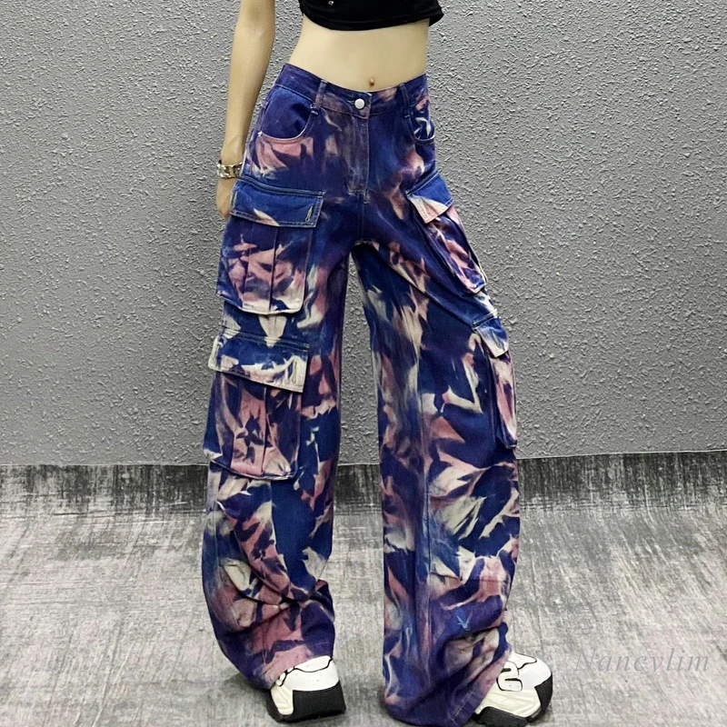 

Tie-Dyed Camouflage Workwear Jeans Women Summer Fall New High Waist Loose and Slimming All-Matching Straight Wide Leg Mop Pants