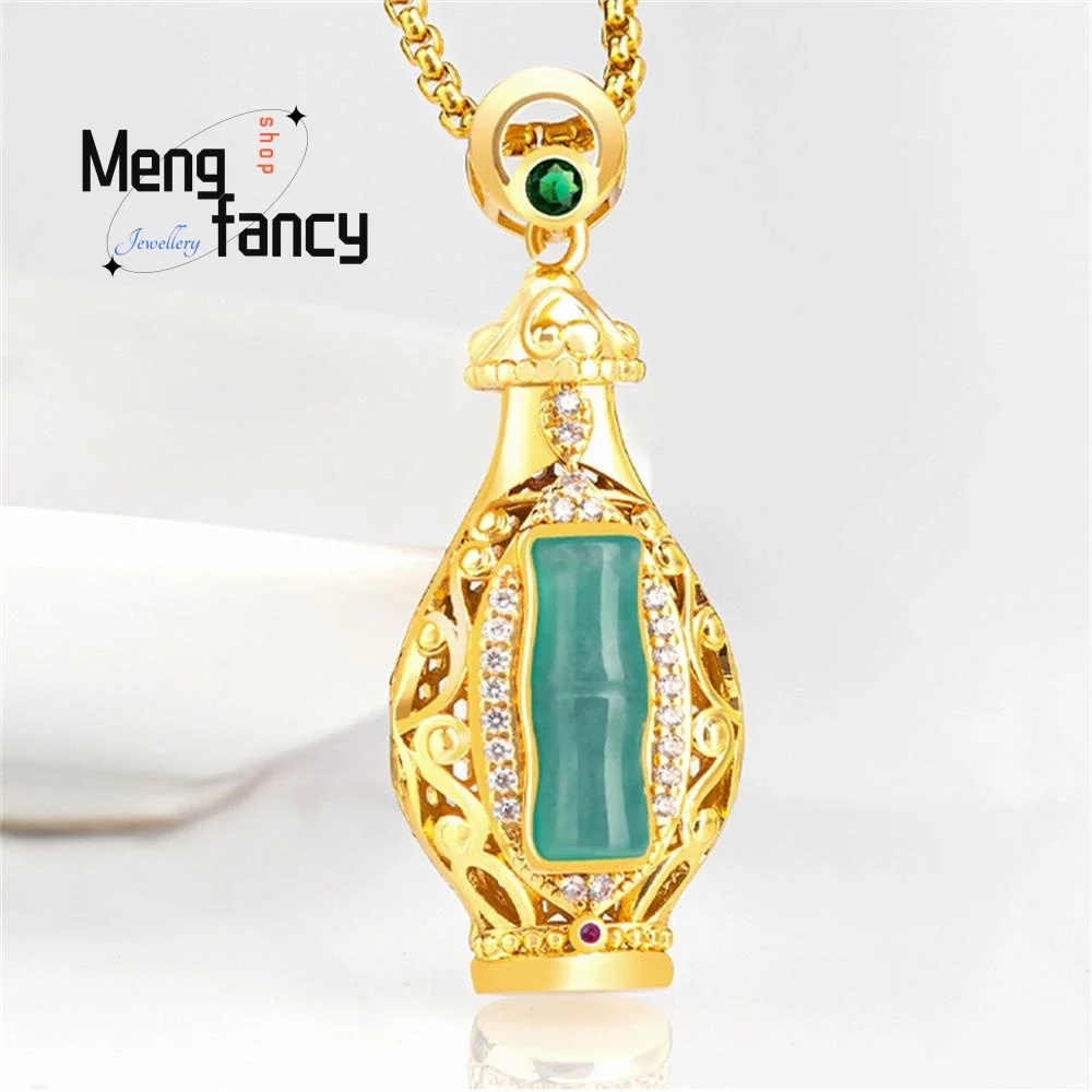 Natural A-goods Jadeite Blue Water Bamboo Vase Copper Gold-plated Icy Jade Pendant Luxury Exquisite Couple Fashion Fine Jewelry