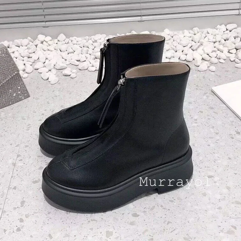 حذاء برقبة قصير بنعل سميك من الجلد الطبيعي للنساء ، إصبع مستدير ، تصميم بسحاب أمامي ، حذاء برقبة للكاحل ، حذاء برقبة ركوب متعدد الاستخدامات ، الخريف ، الشتاء