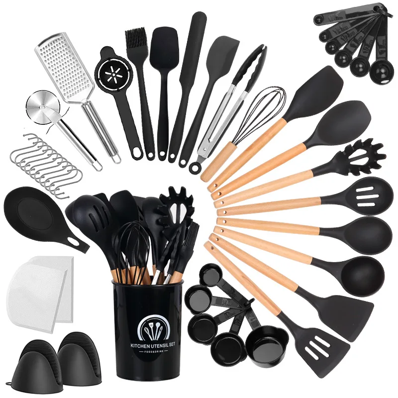 

New Black Kitchen Cookware Silicone Kitchenware Non-stick Cooking Tool Spatula Ladle Egg Beaters Shovel Spoon Soup Utensils Set