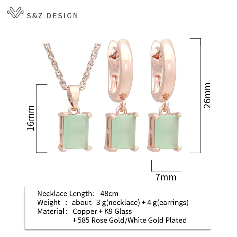 S&Z DESIGN New Fashion Rectangle Cubic Zirconia Drop Earrings Jewelry Sets For Women Elegant Wedding Pendant Necklace Gift