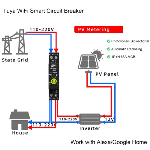Imagen 1 del producto Interruptor de Circuito Inteligente WiFi Tuya 1P+N 63A MCB con Temporizador, Medidor de Energía Fotovoltaica Bidireccional y Reconexión Automática