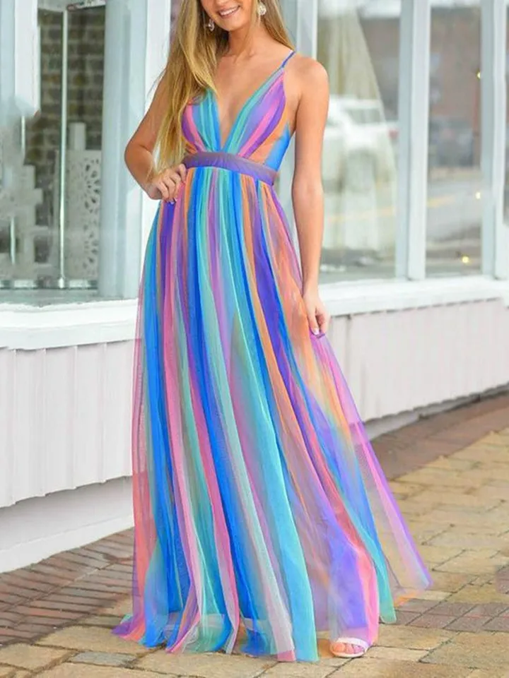 Rainbow Chiffon Spaghetti Strap Dresses Women Sexy Deep V-neck Backless  Long Dress Fashion Elegant Ladies Evening Party Vestidos - AliExpress