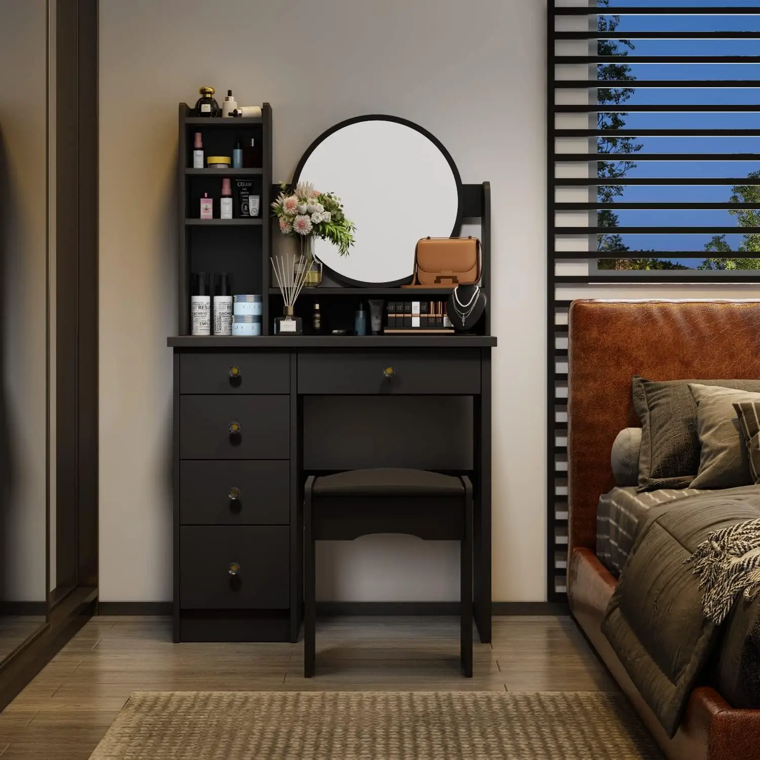 

Black Vanity Desk Set with Lighted Mirror, Makeup Vanity with 5 Drawer & Shelf, Dressing Table for Bedroom