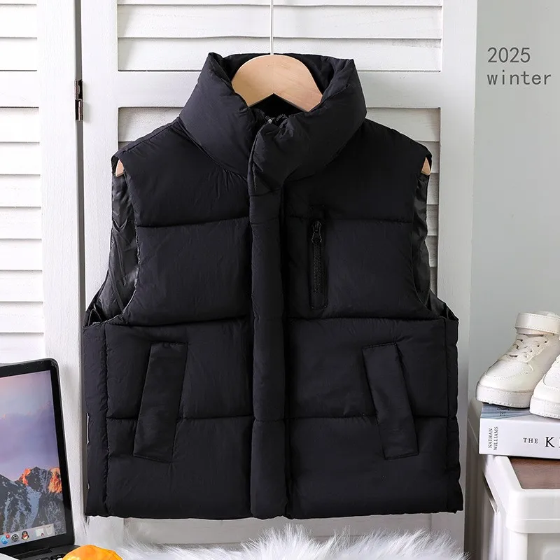 Autumn Winter Thick Warm Boys Girls Cotton Vest Solid Color Stand Collar Waistcoat Jacket For 4-10 Years Kids Down Coat  456