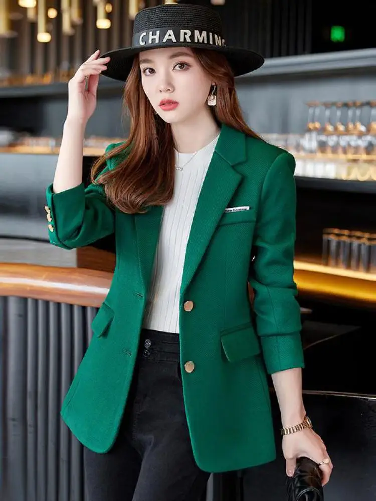 Woman Fashion Casual Vintage Solid Color Chic Elegant Classic Single Breasted Temperament Simple Woolen Blazer Tops Coat Korean