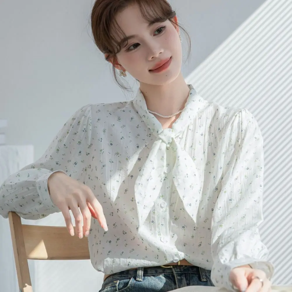 

Comfortable Sweet Blouses for Women Light Blue Thin Long Sleeve Shirts Bow Tie Loose Floral Baggy Shirts Office