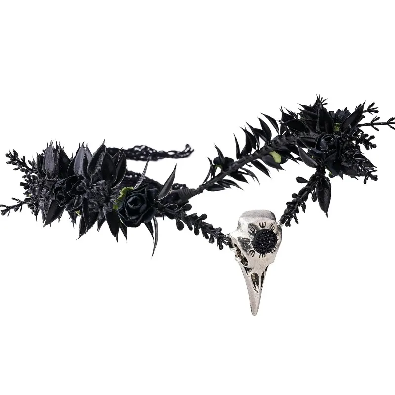 Black Fairy Flower Crown - Crow Skull Headdress Witch Headdress Dark Fairy for Witch Aesthetic Halloween Shoot