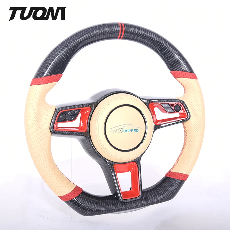 

Steering Wheel For Porsche Cayenne Macan Taycan Boxster 991 718 992 Custom Car Carbon Fiber Yellowy Red Perforated Leather