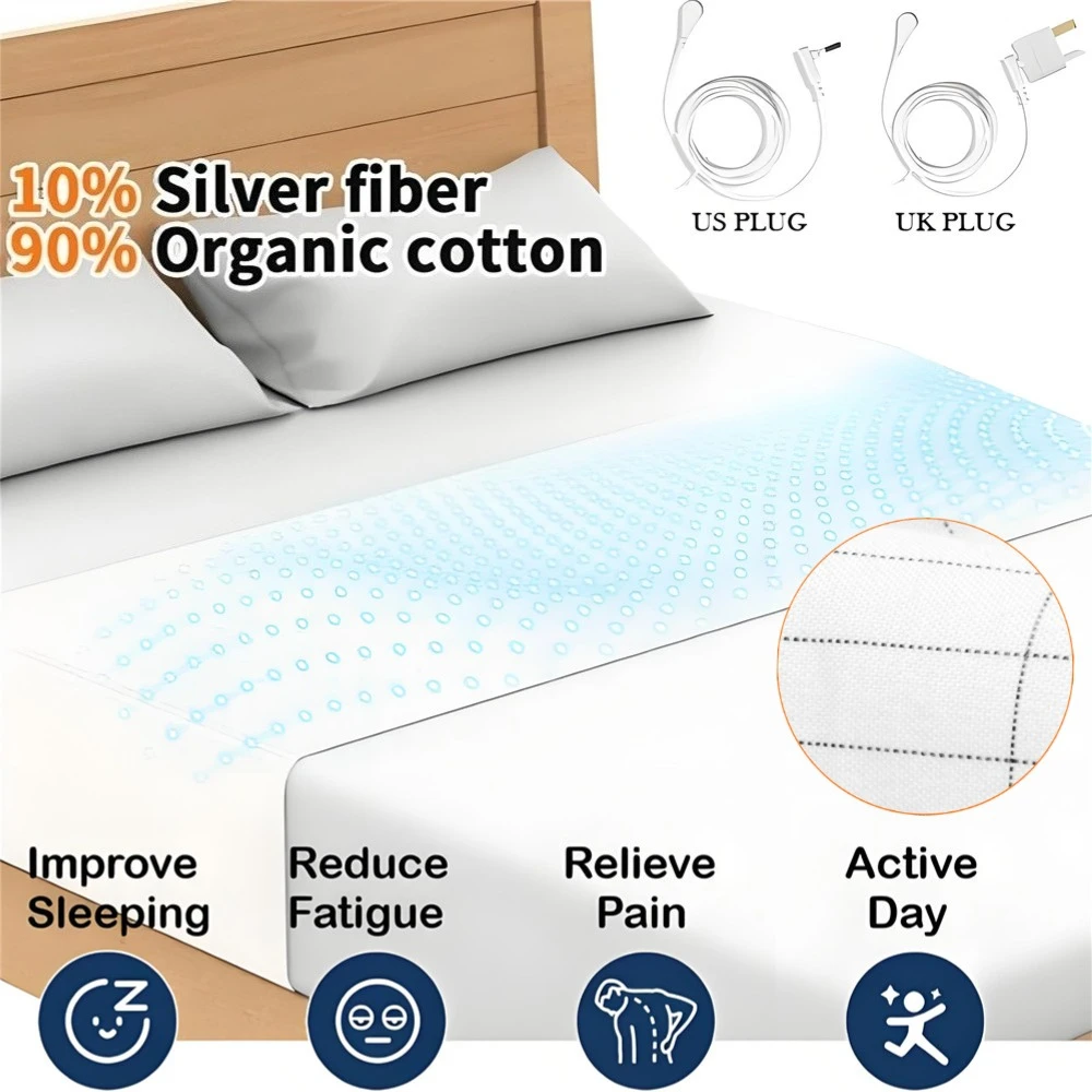 Grounding Sheet with Grounding Cord 10% Pure Silver Fiber Materials With Organic Cotton Grounding Bed Sheet + US/UK Safe Adapter