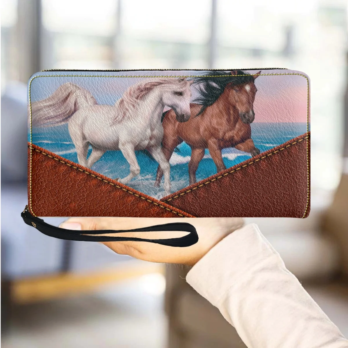 Portefeuille à bracelet en cuir PU avec fermeture éclair, porte-monnaie, porte-cartes, motif animal, petite pochette, design cheval amusant, sortie à la mode, 2023