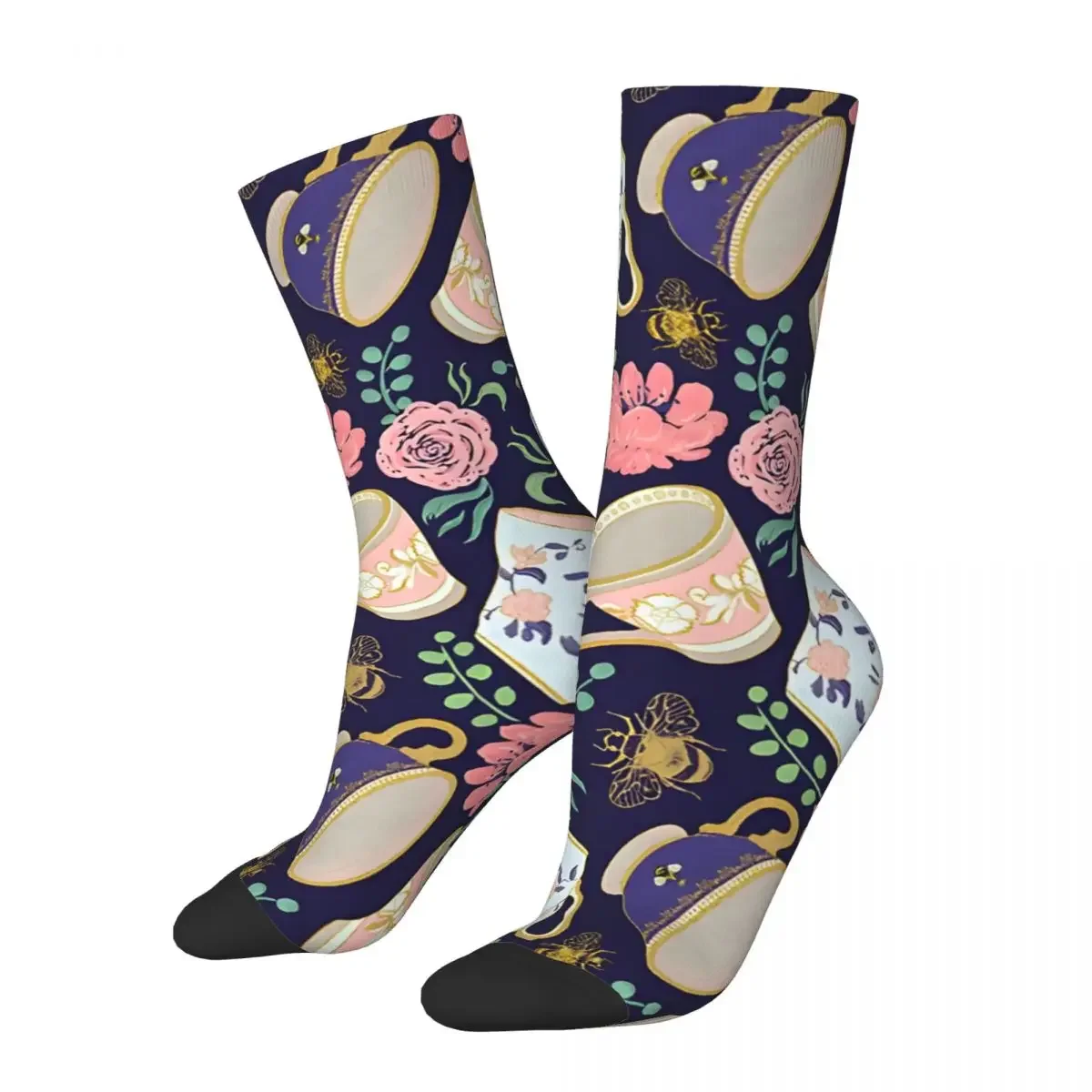 Crazy compression Regency Era Whimsical Tea Cups & Watercolor Flowers Pattern-Navy Sock for Men Harajuku Quality Pattern