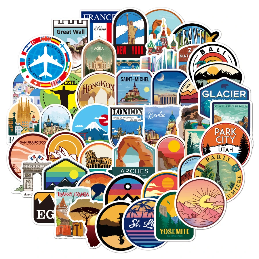 50Pcs Fashion Global Travel Country Brand Logo Stickers Various Countries Cities Diary Stationery Sticker Luggage Laptop Vinyl S