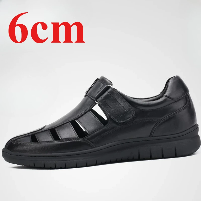 Summer Sandals Shoes Men's 6cm Invisible Elevator Shoes Genuine Leather Breathable Hollow Hole Large Hole Height-increasing Shoe