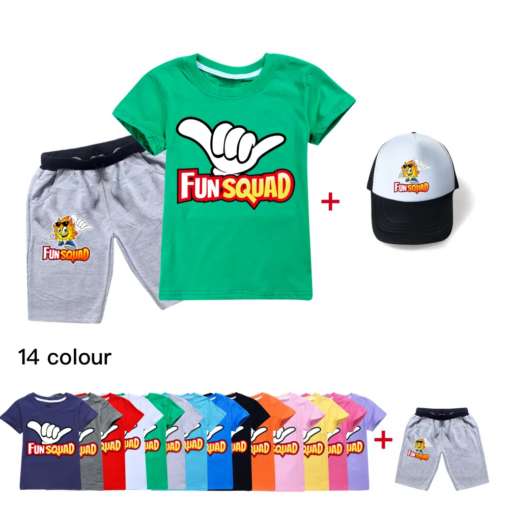 

Summer Casual Baby Kids Sport Clothing Fun squad Gaming T-shirt+Shorts +sun hat Sets for Boys Costumes Cotton Children Clothes